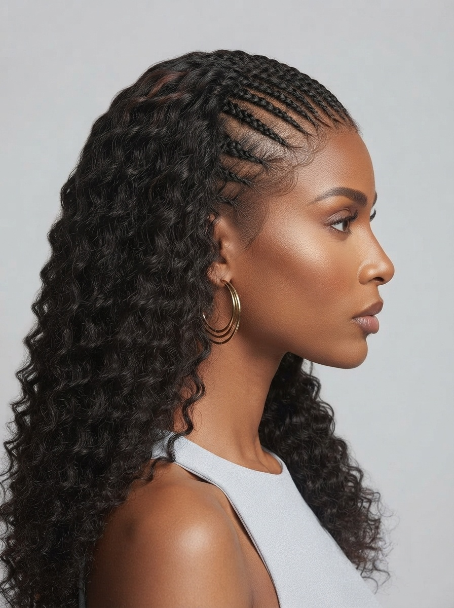 A woman shown in side profile wearing a long, dark curly wig with cornrow braids along the hairline, against a plain light gray background.