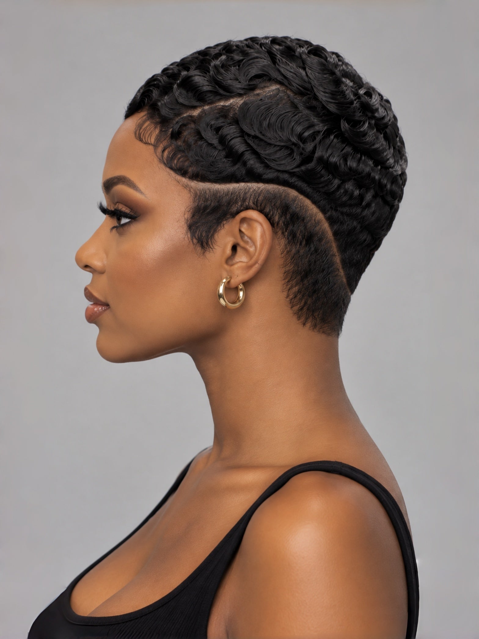 Loyalrose Pixie wig finger wave 6 inches Black 100% human hair Glueless with Full lace TWA with Fade and Hard Part style 29