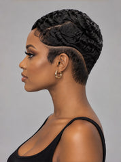 Loyalrose Pixie wig finger wave 6 inches Black 100% human hair Glueless with Full lace TWA with Fade and Hard Part style 29
