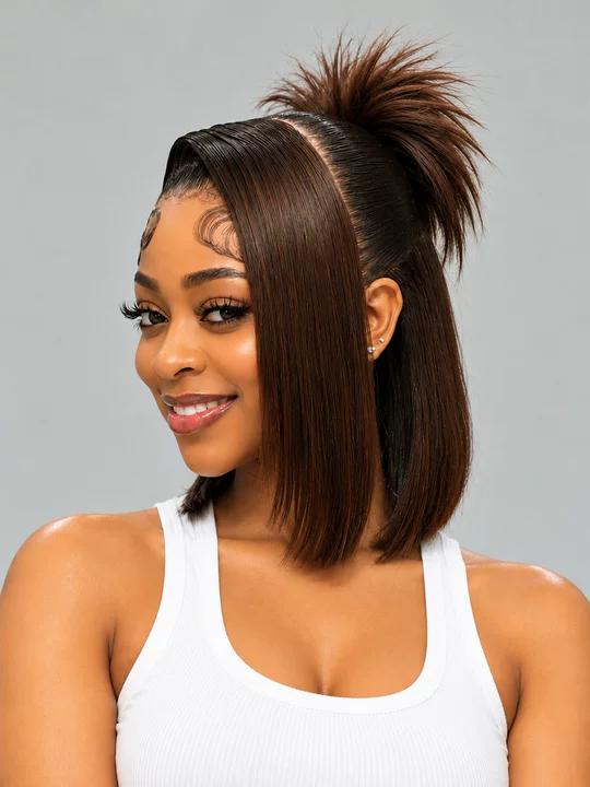 Loyalrose Pre-styled wig straight frontal lace 13*6 Side part Brown color without glue with Ponytail 12 inches