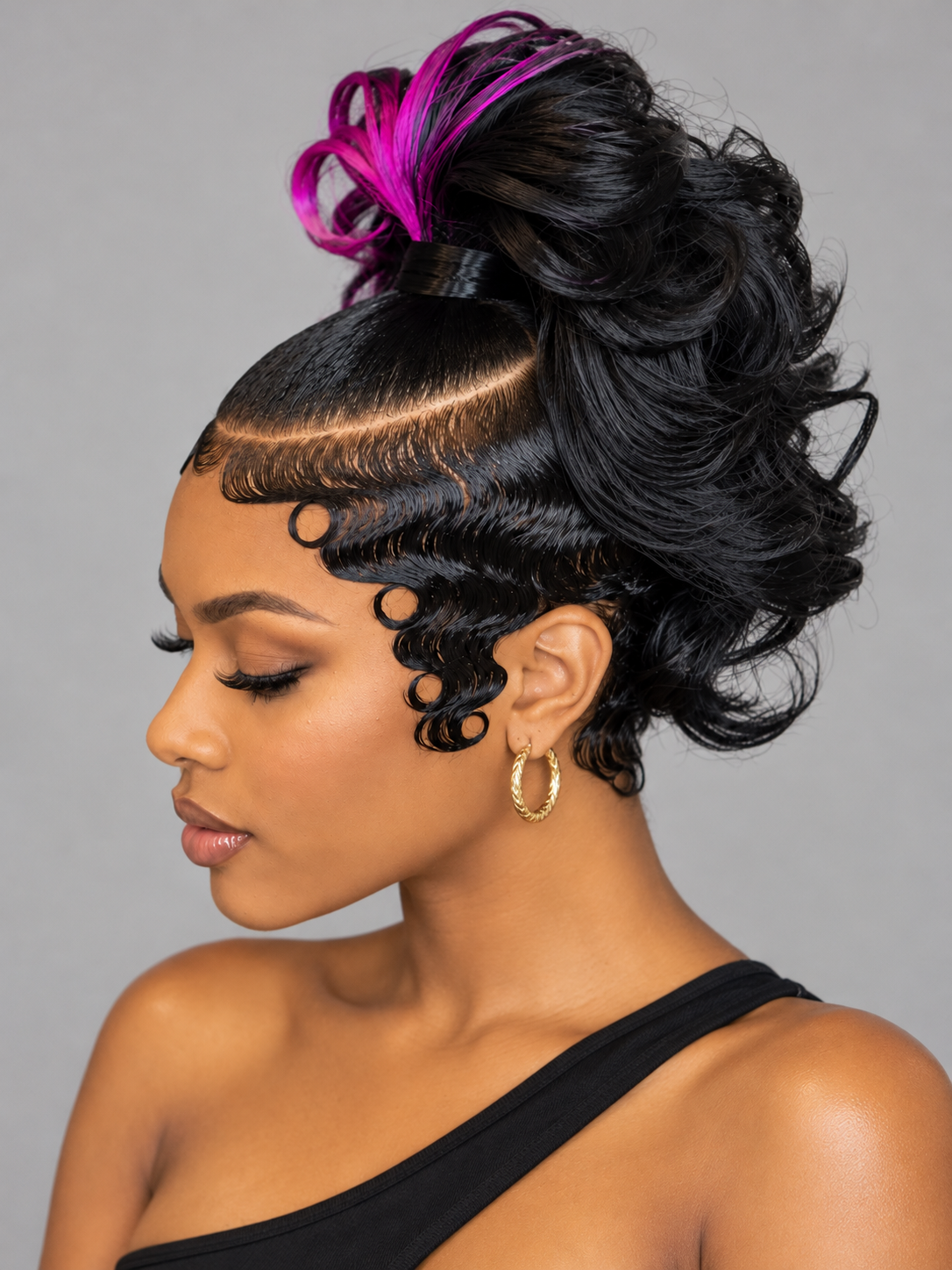 Loyalrose Pre-styled wig Body wave+finger wave lace front 13*6 Black mix purple color without glue with ponytail