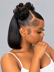Loyalrose Pre-styled wig straight frontal lace 13*6 Side part Black color without glue with Fringe and 2 bun 12 inches