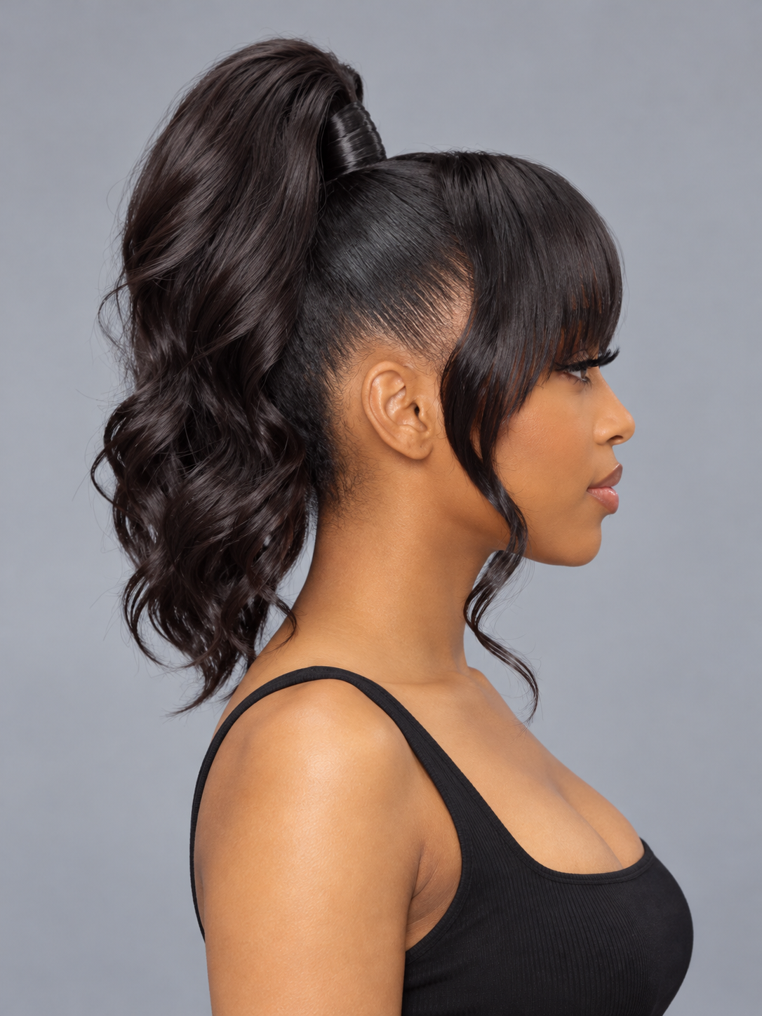 Loyalrose Pre-styled wig Body wave 360 lace Black color without glue with Bang and Ponytail 20 inches