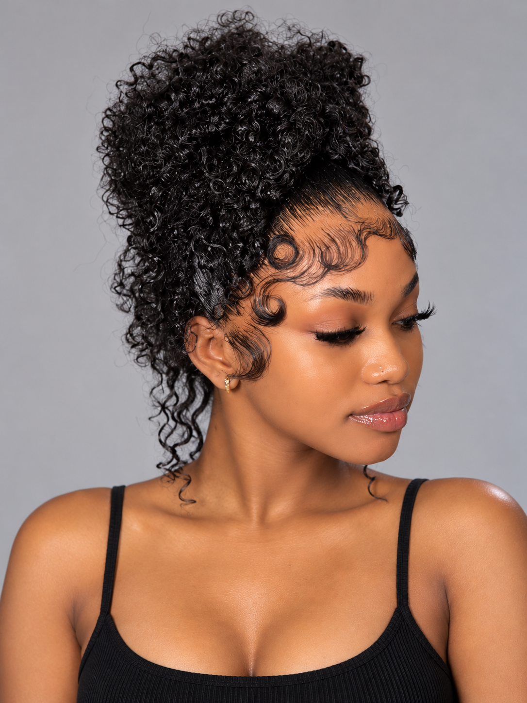 Loyalrose Pre-styled wig Curly wave frontal lace 360 free part Black color without glue with Ponytail and baby hair 18 inches