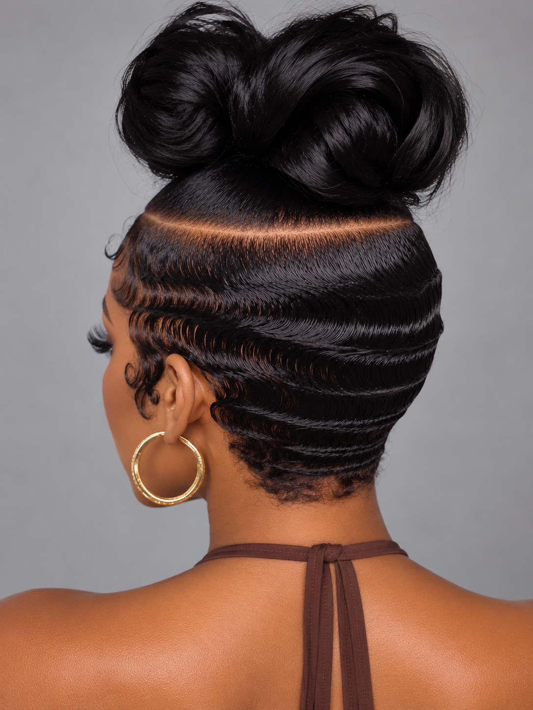 Loyalrose Pre-styled wig Body wave+finger wave lace front 13*6 Black color without glue with bun