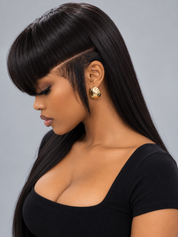 Loyalrose Pre-styled wig Straight Side part frontal lace 13*6 Black color With Asymmetrical Bangs & Shaved Line Design and without glue 20-30 inches