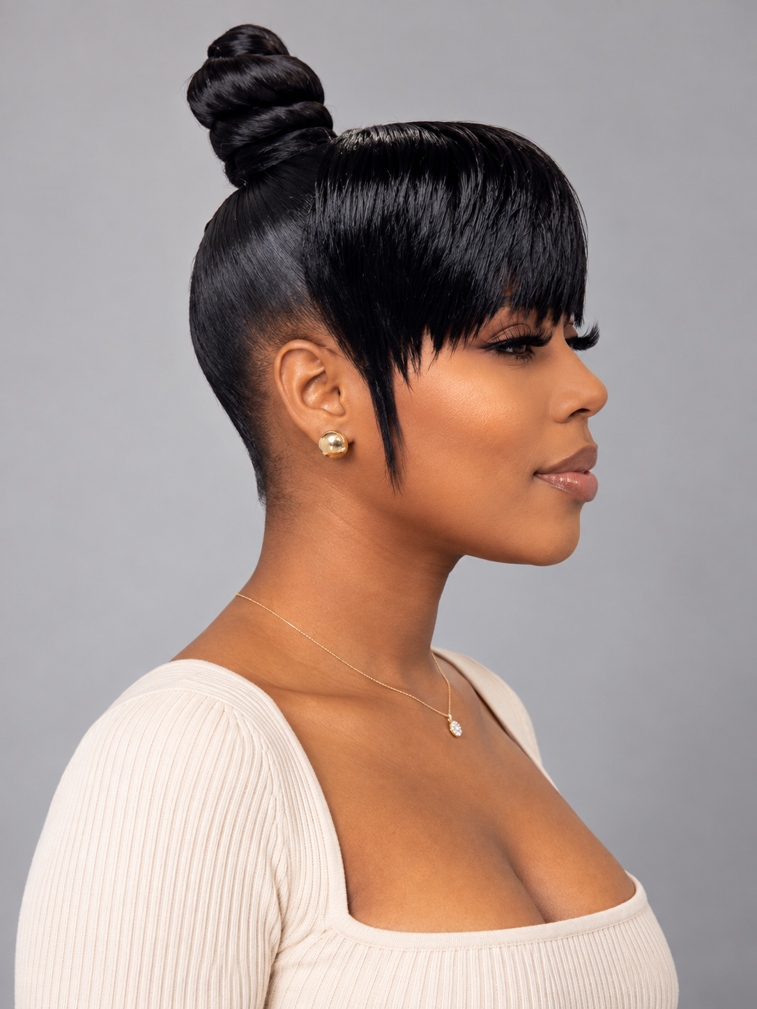 Loyalrose Pre-styled wig Straight lace 360 Black color without glue with Fringe and bun 16 inches