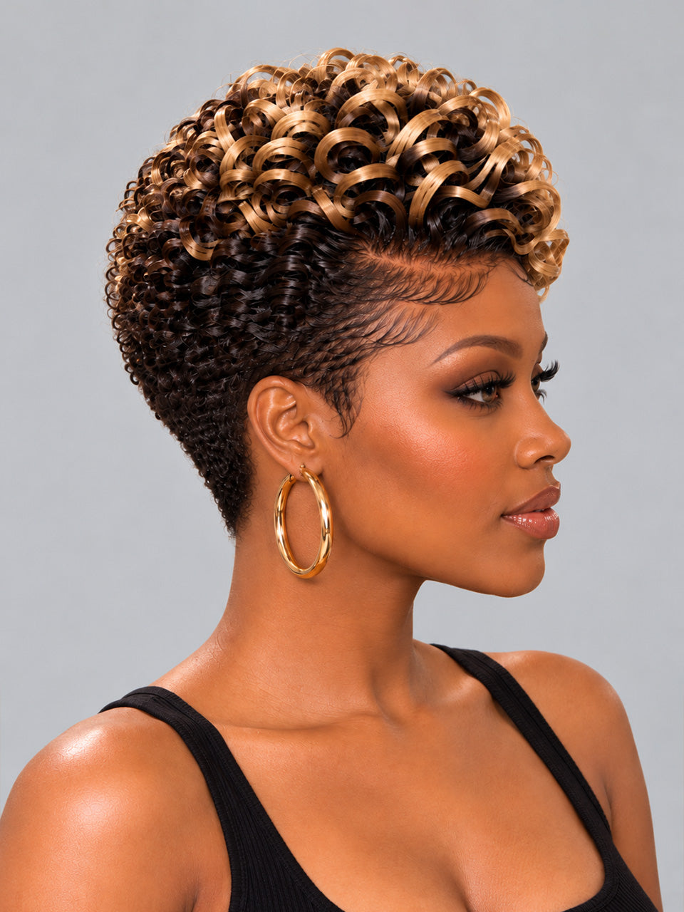 Loyalrose Pixie Loose Curly wig Black mix blond light color glueless Side part Frontal 13x4 lace 100% Human Hair