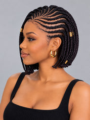 Loyalrose Braided wig 13*6 frontal lace black color Pre-styled without glue Knotless Box Braids Bob with Curved Parting and Gold Beads