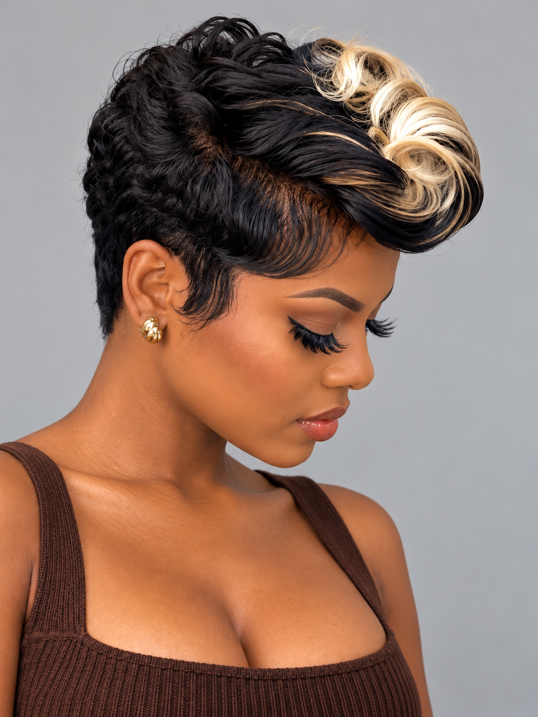 Loyalrose Pixie straight wig Black mix blond glueless Free part Frontal 13x4 lace 100% Human Hair Voluminous Crown style