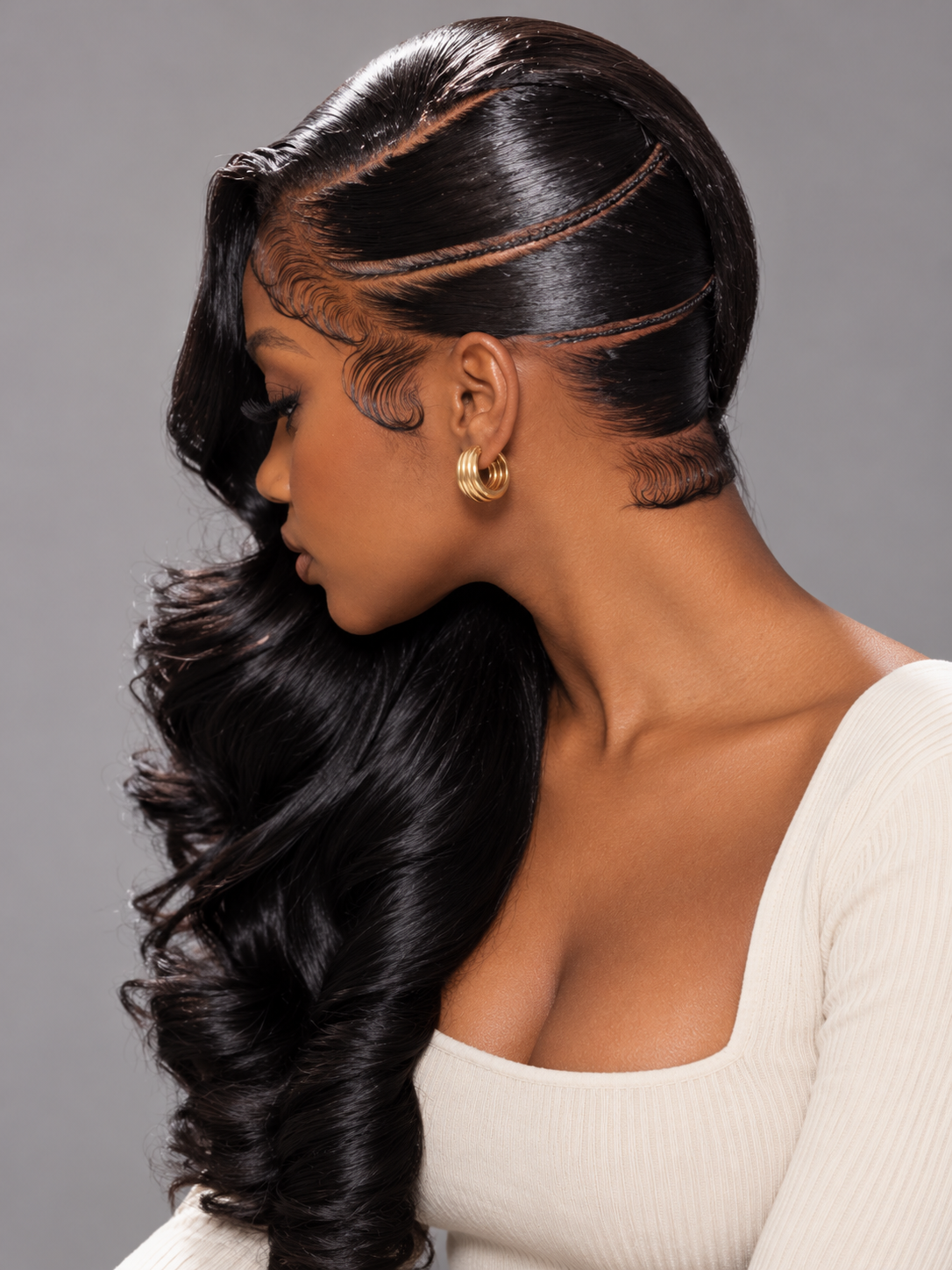 Loyalrose Pre-styled wig Body wave side part Full lace Black color without glue with Slick Back Asymmetrical style and Cornrow Detail