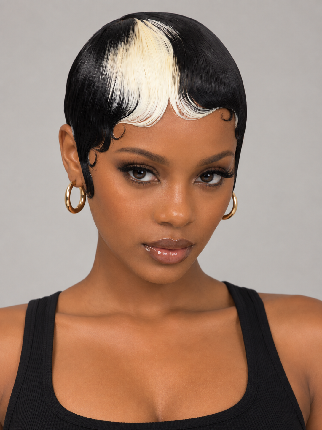 Loyalrose Short Finger wave Pixie Wig Black mix blond color 100% human hair Machine Made Skunk Stripe  Sleek Pixie Cut