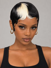 Loyalrose Short Finger wave Pixie Wig Black mix blond color 100% human hair Machine Made Skunk Stripe  Sleek Pixie Cut