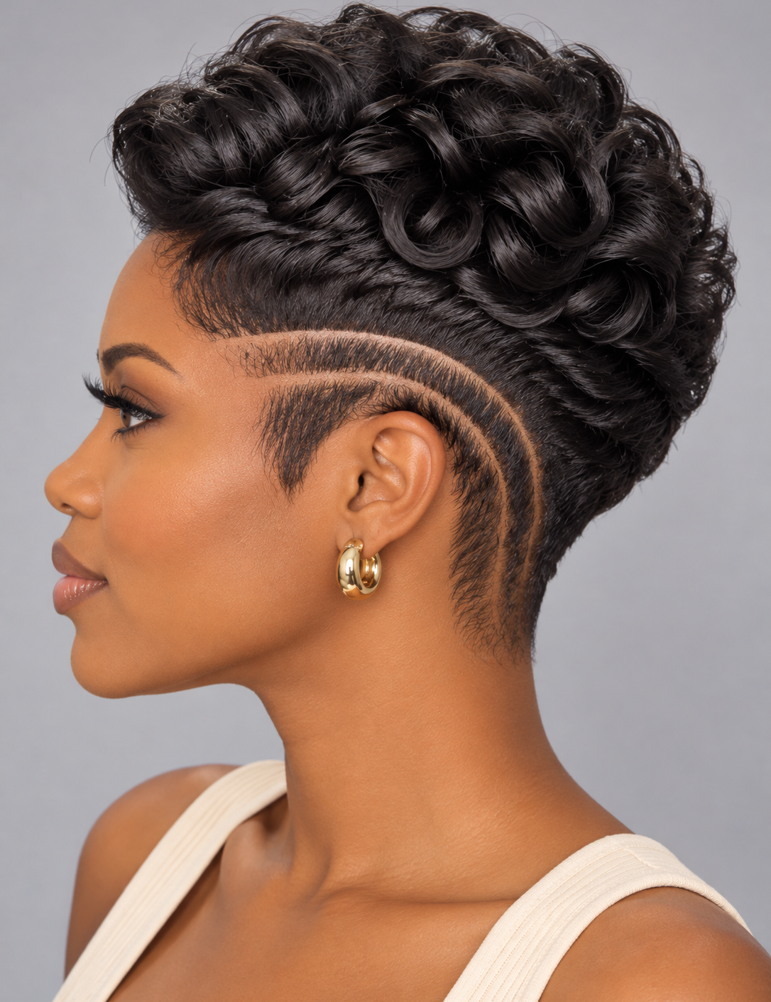 A woman shown in side profile wearing a short, curly black wig with a geometric shaved side design and gold hoop earrings against a plain gray background.