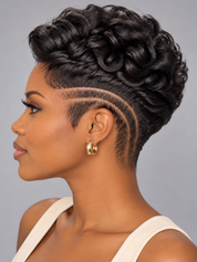 A woman shown in side profile wearing a short, curly black wig with a geometric shaved side design and gold hoop earrings against a plain gray background.