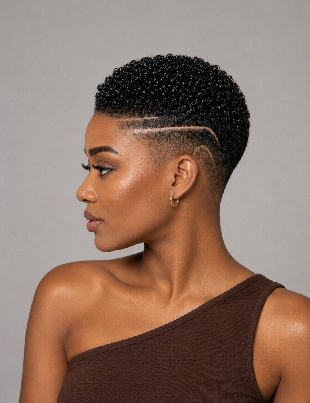 A woman shown in profile with a short, tightly styled black curly haircut and a clean side fade. She is wearing a dark brown one-shoulder top against a plain light gray studio background.