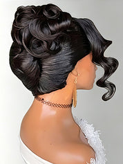 A side profile view of a mannequin or model with an elaborate updo hairstyle featuring dark, glossy, curled hair, wearing a white strapless top and gold jewelry against a light gray background.