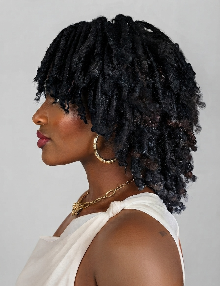 A woman shown in profile wearing a voluminous, textured black dreadlock hairstyle. She is wearing a white draped top, gold hoop earrings, and a gold chain necklace against a plain light gray studio background.