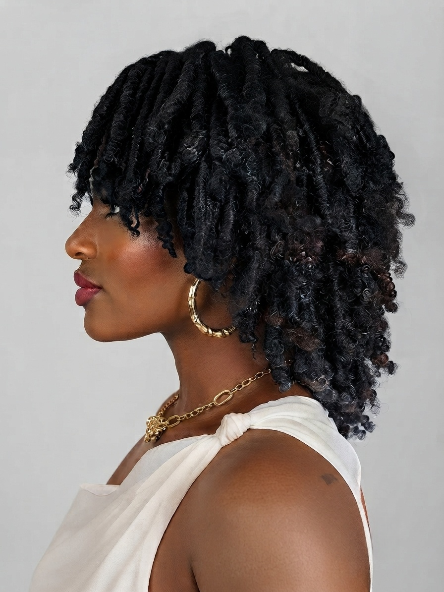 A woman shown in profile wearing a voluminous, textured black dreadlock hairstyle. She is wearing a white draped top, gold hoop earrings, and a gold chain necklace against a plain light gray studio background.