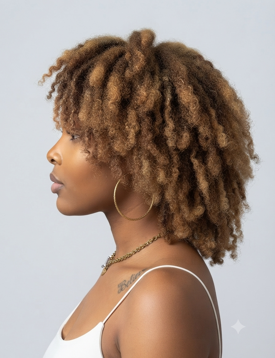 A woman shown in profile with voluminous, tightly curled natural hair. She is wearing a white spaghetti-strap top, large gold hoop earrings, and a delicate gold chain necklace against a plain light gray studio background.