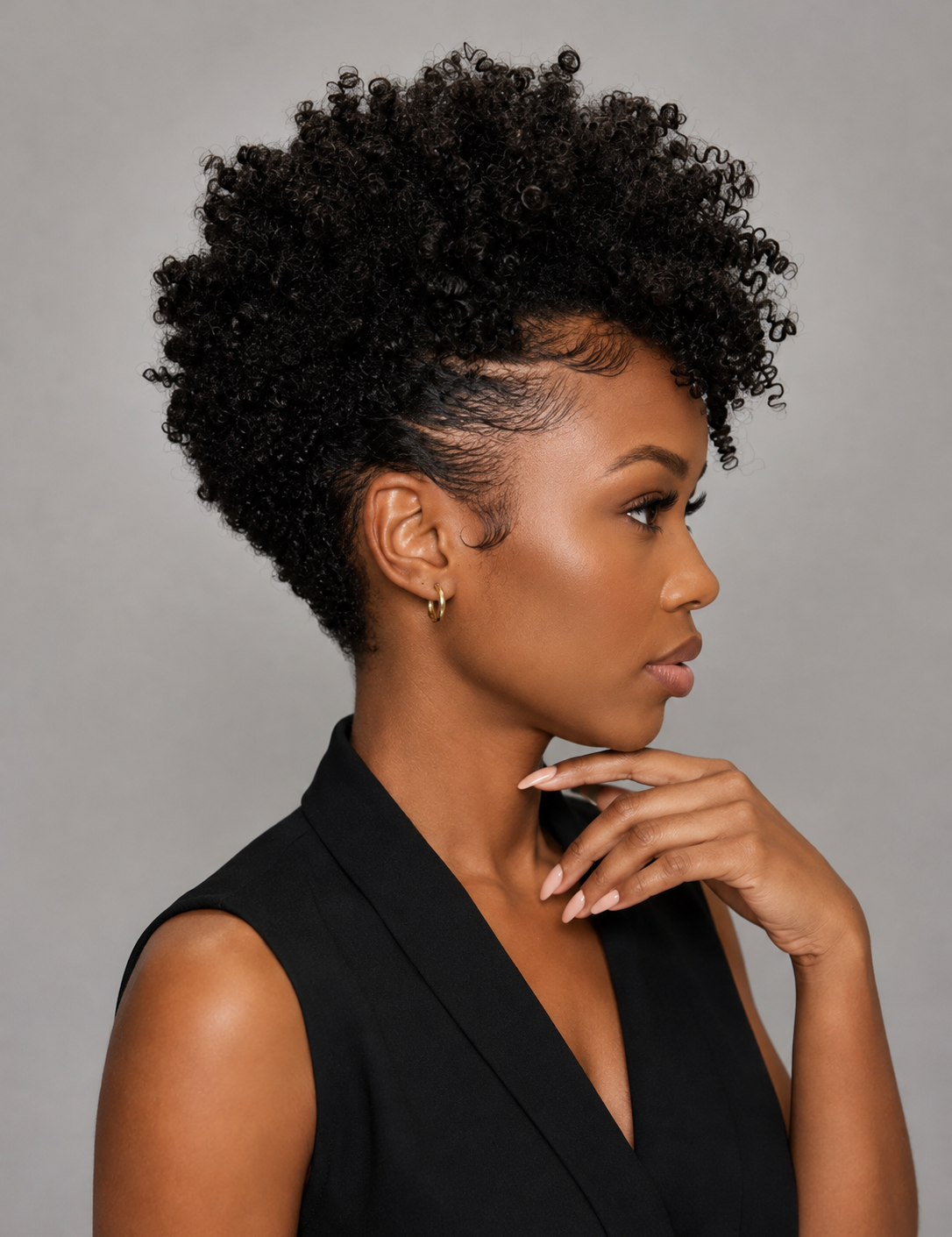 A woman with a short, tightly curled black afro hairstyle is shown in profile against a plain gray studio background. She is wearing a black sleeveless top and small gold hoop earrings, with her hand resting near her chin.