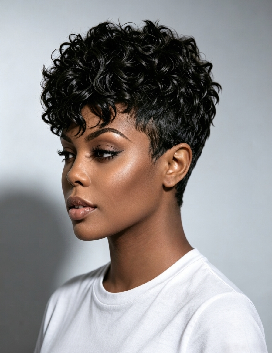 A woman with a short, curly black wig or hairpiece shown in profile against a light gray studio background. The hair is the apparent product, with the white T-shirt excluded from product color decisions.