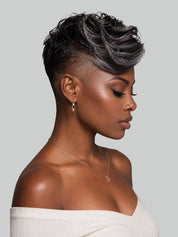 Loyalrose Salt & Pepper Pixie Short Cut Wig side part Lace closure 7*5 100% Human Hair Glueless with bang