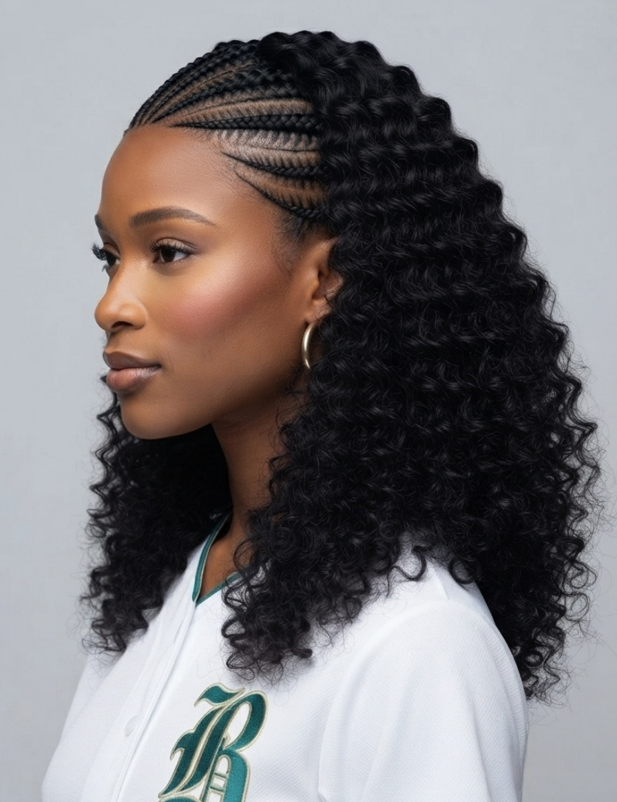 A woman in profile wearing a black curly wig with cornrow braids along the forehead, paired with a white baseball jersey and gold hoop earrings, against a plain gray background.