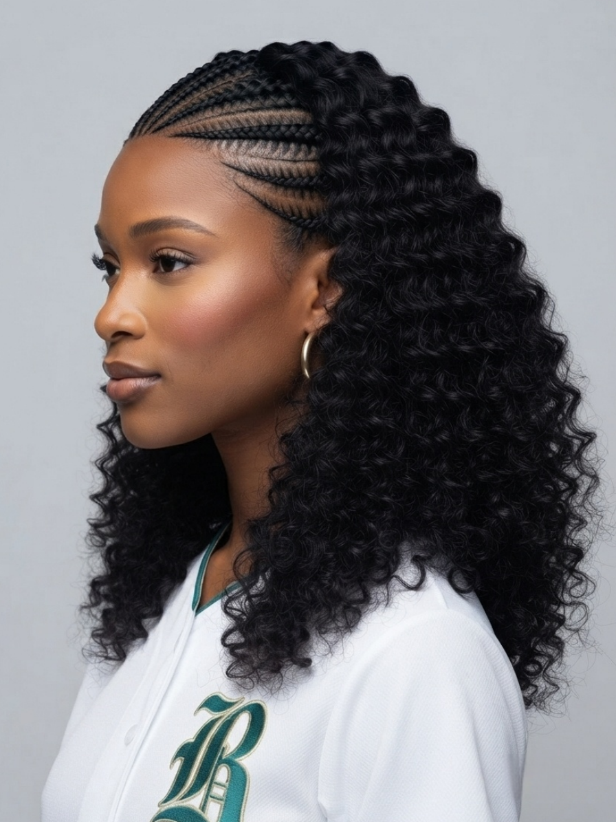 A woman in profile wearing a black curly wig with cornrow braids along the forehead, paired with a white baseball jersey and gold hoop earrings, against a plain gray background.