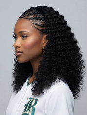 A woman in profile wearing a black curly wig with cornrow braids along the forehead, paired with a white baseball jersey and gold hoop earrings, against a plain gray background.