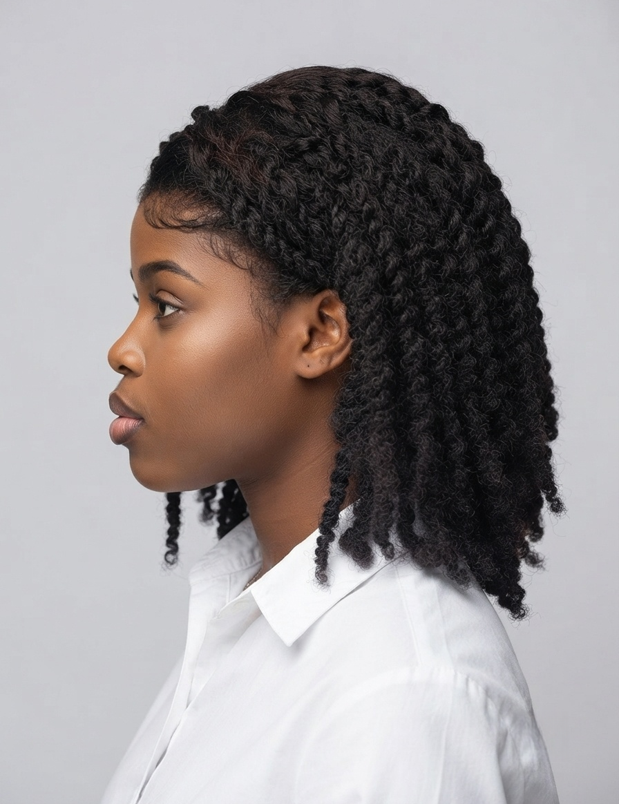 A woman in profile wearing a white collared shirt, showcasing a black curly hair extension or wig with defined root lines and small front bangs, set against a solid light gray background.