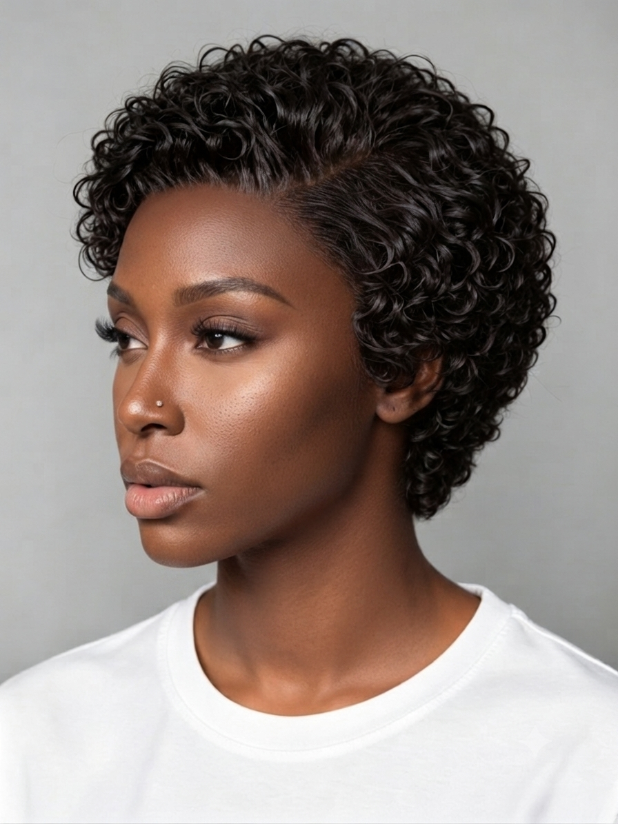 A woman with a short, curly black wig or hairpiece shown in profile against a plain light gray background. The hair is tightly curled and styled in a pixie cut, with a white crew-neck top visible below.