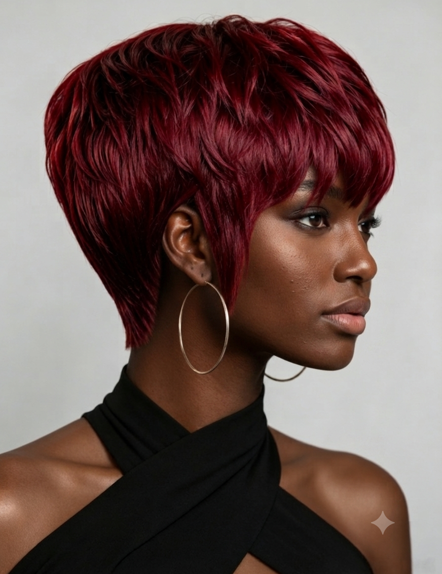 A woman in profile wearing a short, layered pixie wig with deep burgundy-red hair, styled with a side-swept bang and voluminous texture. She is wearing large gold hoop earrings and a black halter top against a neutral gray background.