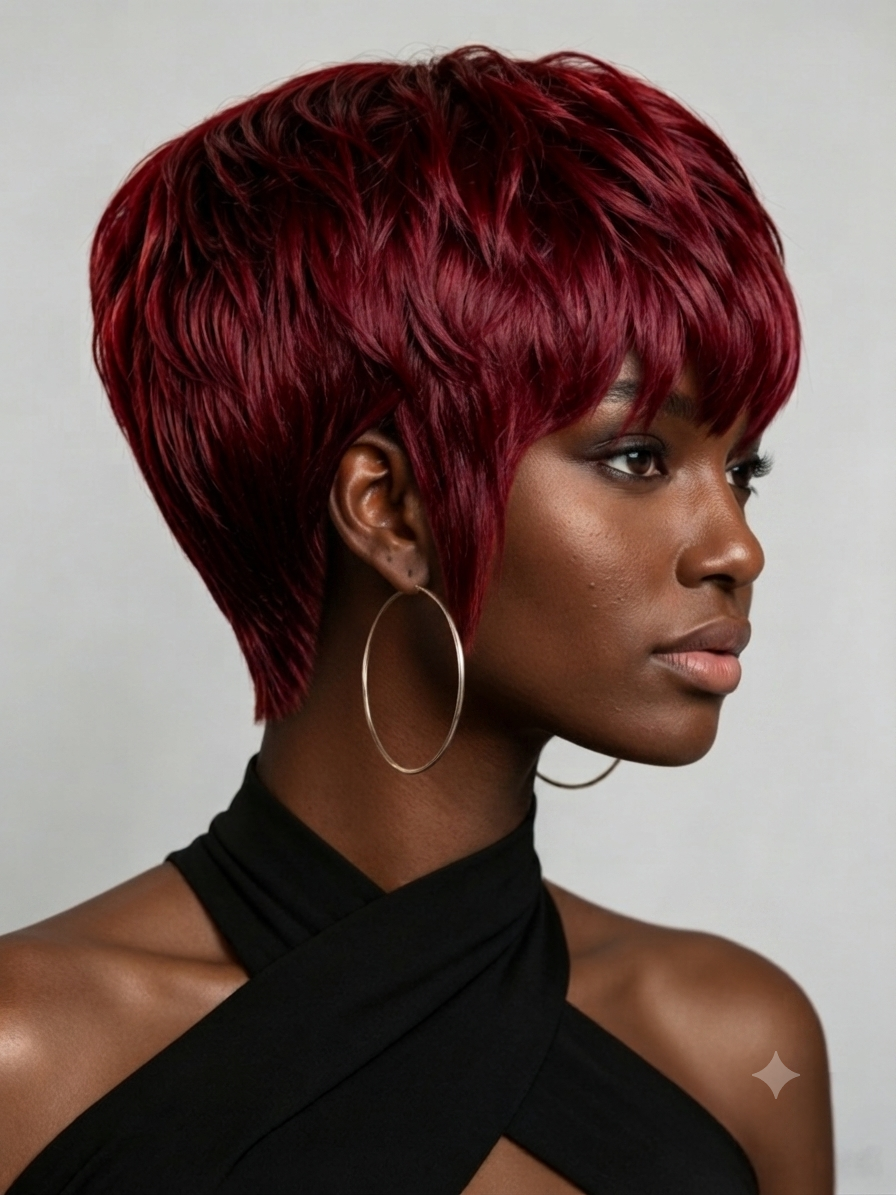 A woman in profile wearing a short, layered pixie wig with deep burgundy-red hair, styled with a side-swept bang and voluminous texture. She is wearing large gold hoop earrings and a black halter top against a neutral gray background.