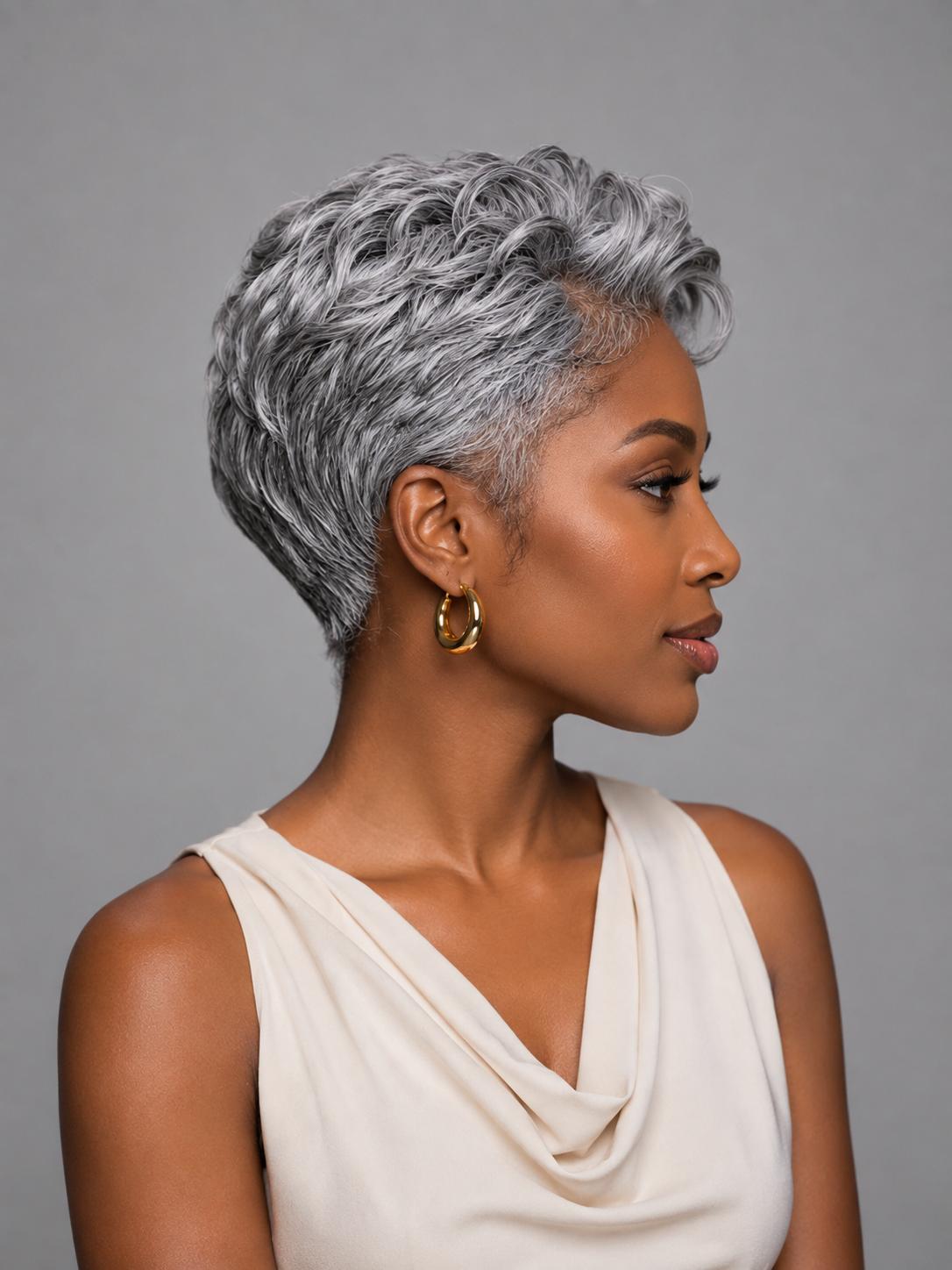 Loyalrose Salt & Pepper Pixie Short Cut Wig side part Lace closure 7*5 100% Human Hair Glueless with bang style 2