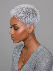 Loyalrose Salt & Pepper Pixie Short Cut Wig free part Lace Front 100% Human Hair Glueless style 4