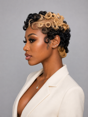 Loyalrose Pixie Loose Curly wig Black mix blond color Skunk style glueless Side part Closure 5x5 lace 100% Human Hair