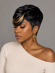 Loyalrose Short Straight Pixie Wig Black mix blond color 100% human hair Machine Made with bang