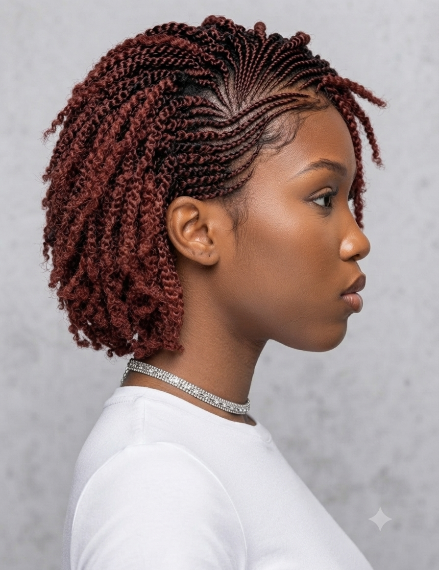 A woman shown in side profile wearing a short, styled twist-out hairstyle in deep auburn red. The hair is neatly braided and styled with a silver rhinestone choker and a white top, set against a neutral gray textured background.