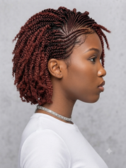 A woman shown in side profile wearing a short, styled twist-out hairstyle in deep auburn red. The hair is neatly braided and styled with a silver rhinestone choker and a white top, set against a neutral gray textured background.
