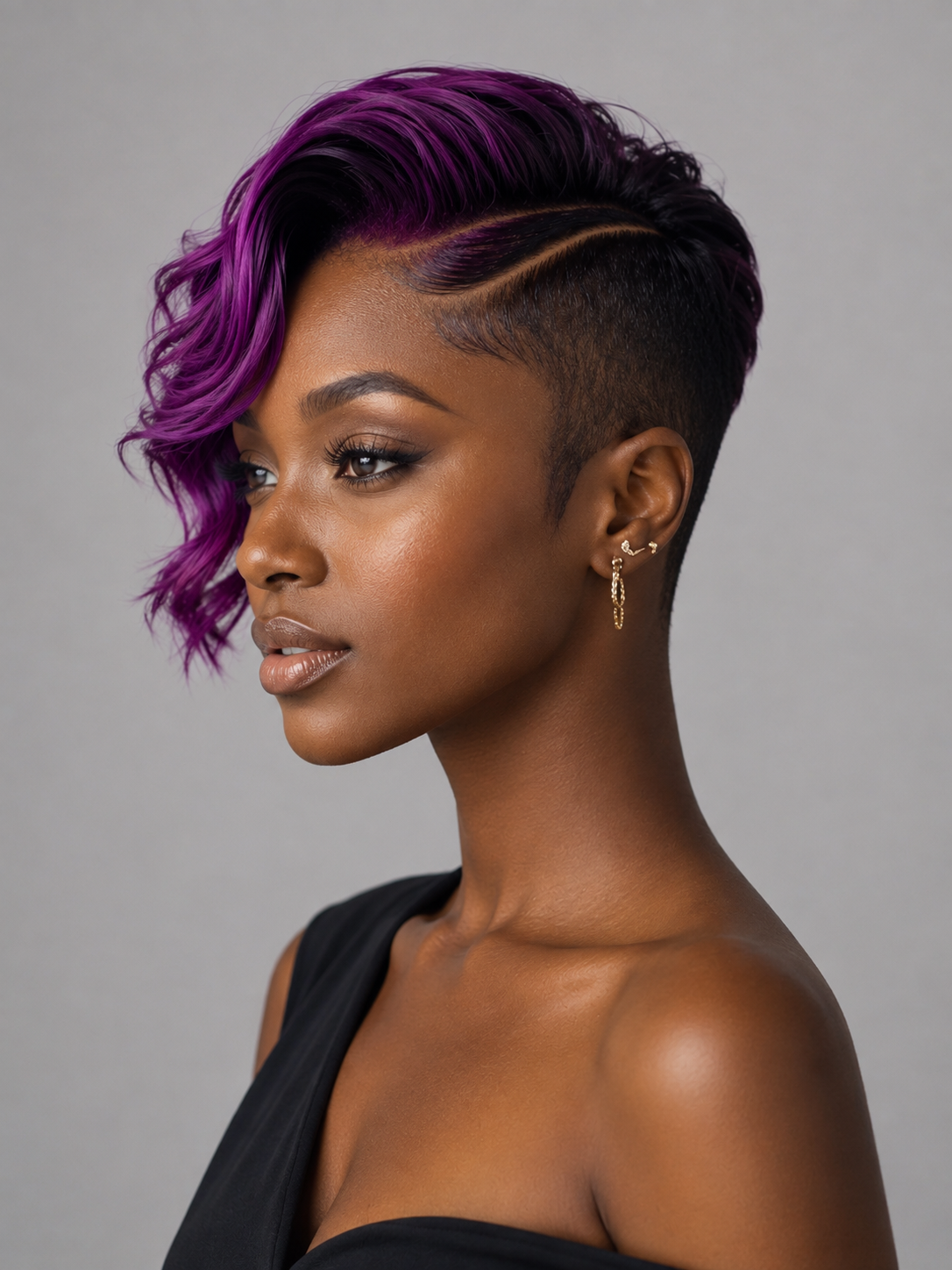 Loyalrose Pixie body wave wig Black&Purple color Side part Full lace 100% Human Hair with Design Cut