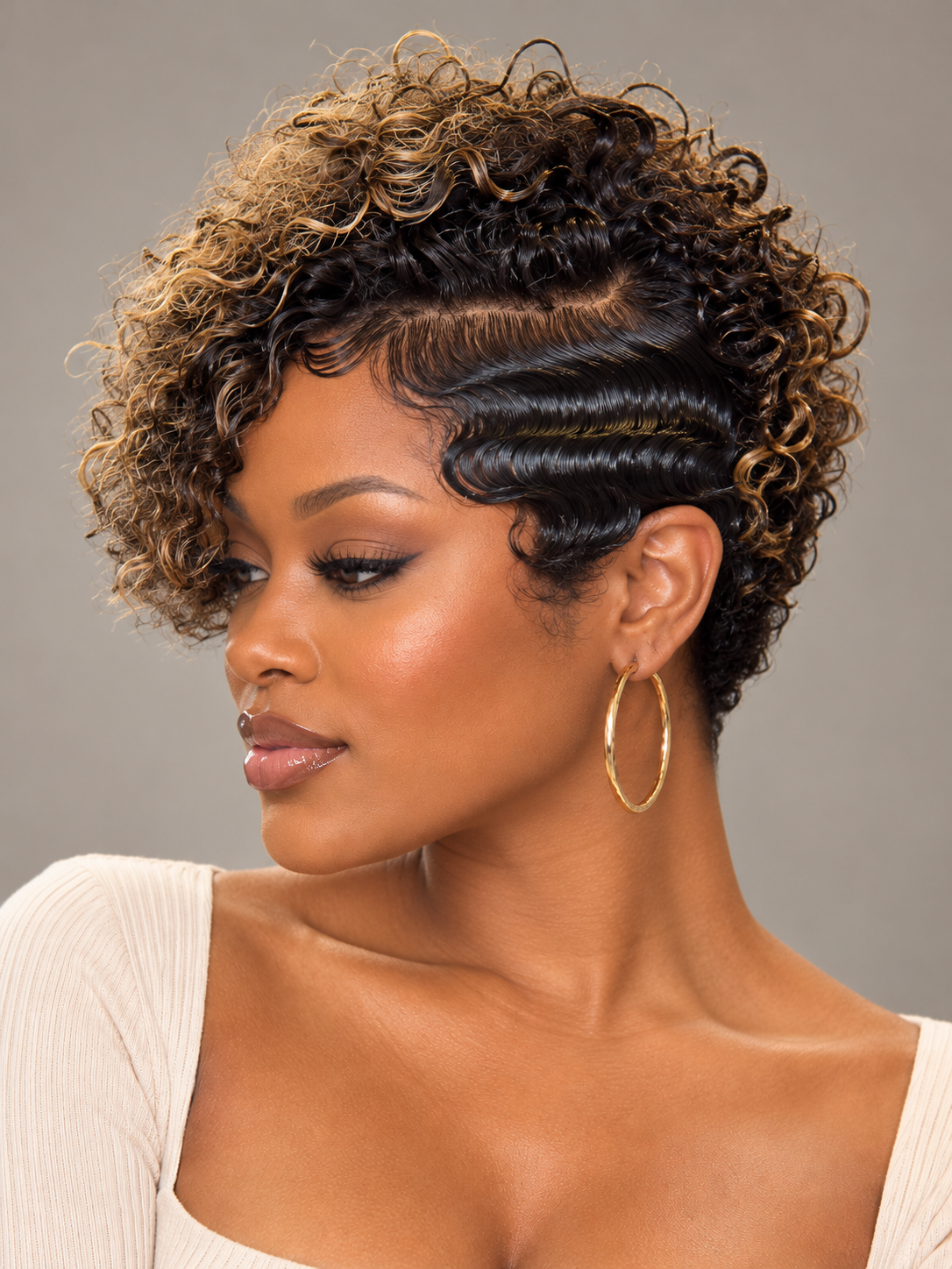 Loyalrose Bob Wig Curly and finger wave Black mix blond color Side part lace 13x4 Glueless 100% Human Hair