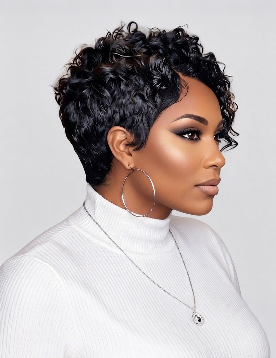 A woman shown in profile wearing a short, curly black wig, a white ribbed turtleneck sweater, large silver hoop earrings, and a delicate silver necklace against a light gray studio background.