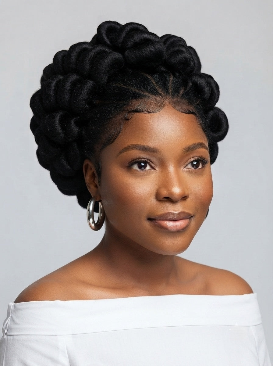 Loyalrose Braided wig Full lace Black color Pre-styled without glue Clean Parting with Twisted/Bun Updo style