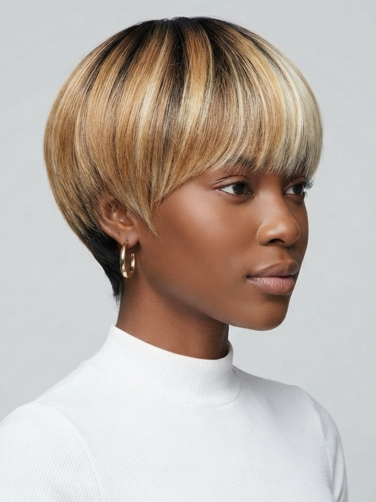 A woman with a short, layered bob wig in blonde and dark brown tones, styled with a straight bang and side part, wearing a white mock neck top against a light gray background.