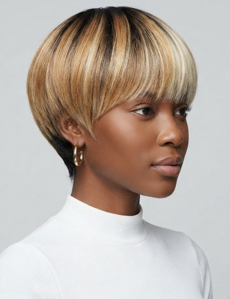 A woman with a short, layered bob wig in blonde and dark brown tones, styled with a straight bang and side part, wearing a white mock neck top against a light gray background.