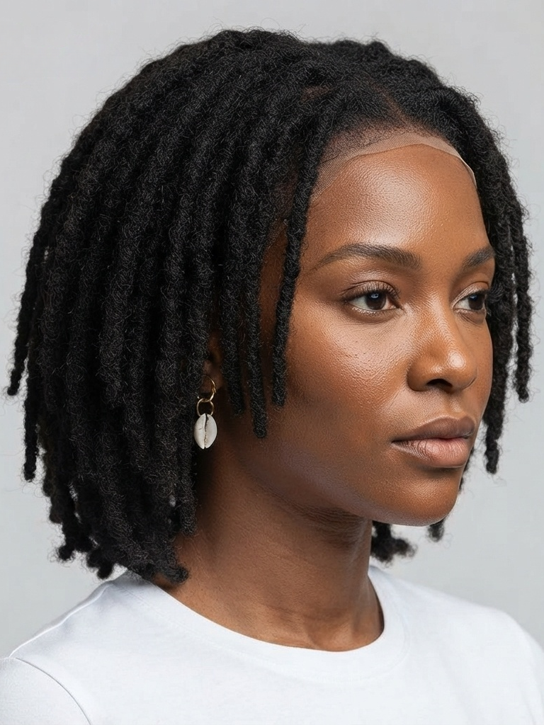 A close-up portrait of a woman with short, textured black dreadlocks, wearing a white crew-neck t-shirt and a small silver shell earring, set against a plain light gray background.