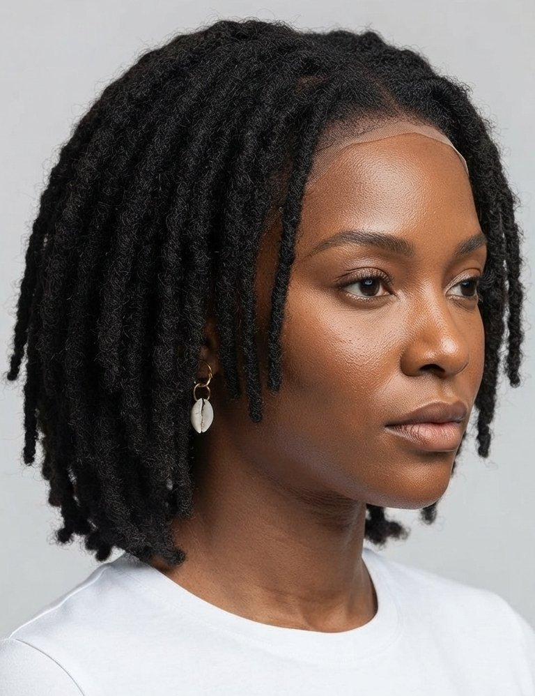 A close-up portrait of a woman with short, textured black dreadlocks, wearing a white crew-neck t-shirt and a small silver shell earring, set against a plain light gray background.