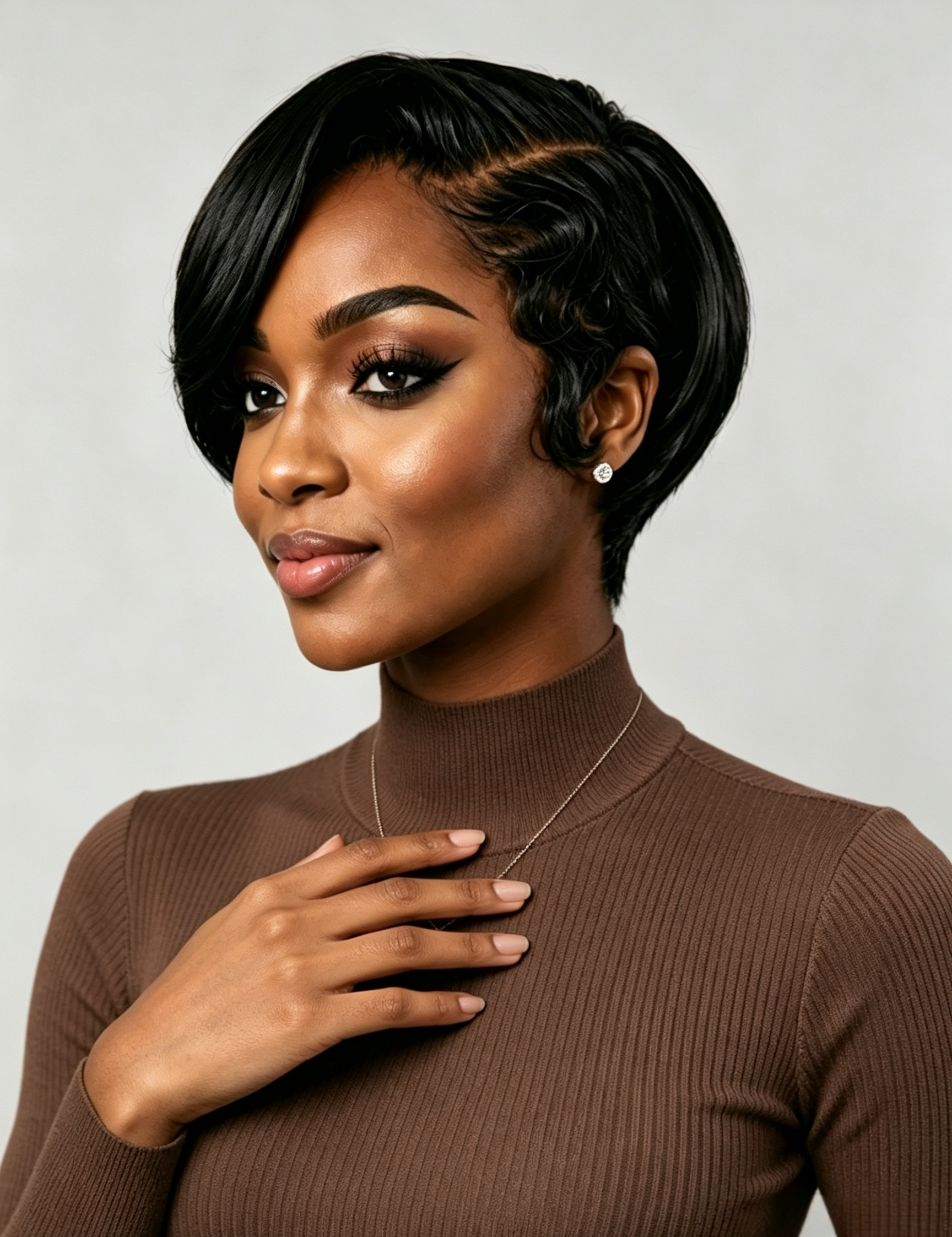 A woman shown in side profile wearing a short, layered, textured wig in dark black with subtle brown highlights, paired with a white crew-neck t-shirt and small hoop earrings against a light gray background.