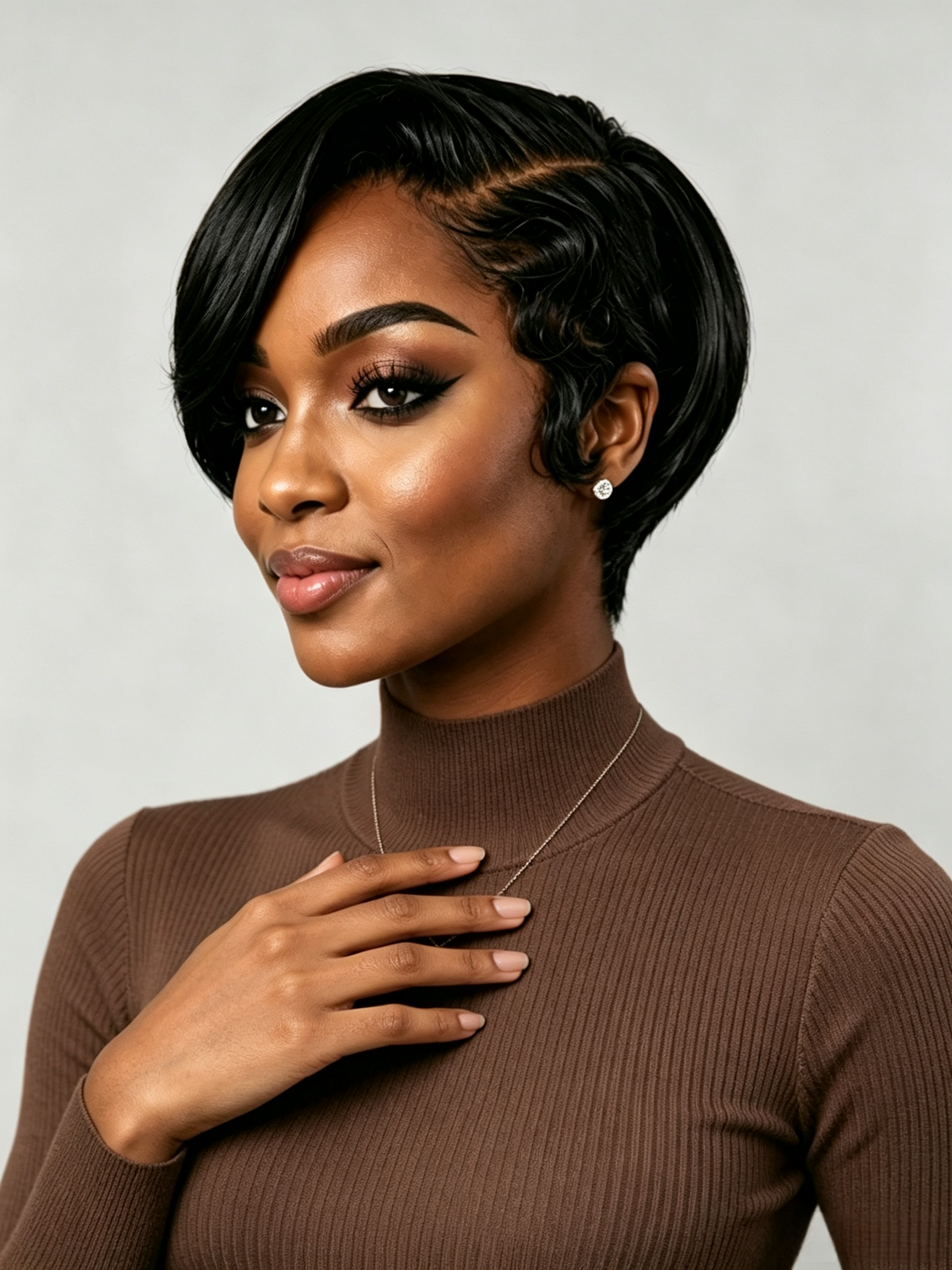 A woman shown in side profile wearing a short, layered, textured wig in dark black with subtle brown highlights, paired with a white crew-neck t-shirt and small hoop earrings against a light gray background.